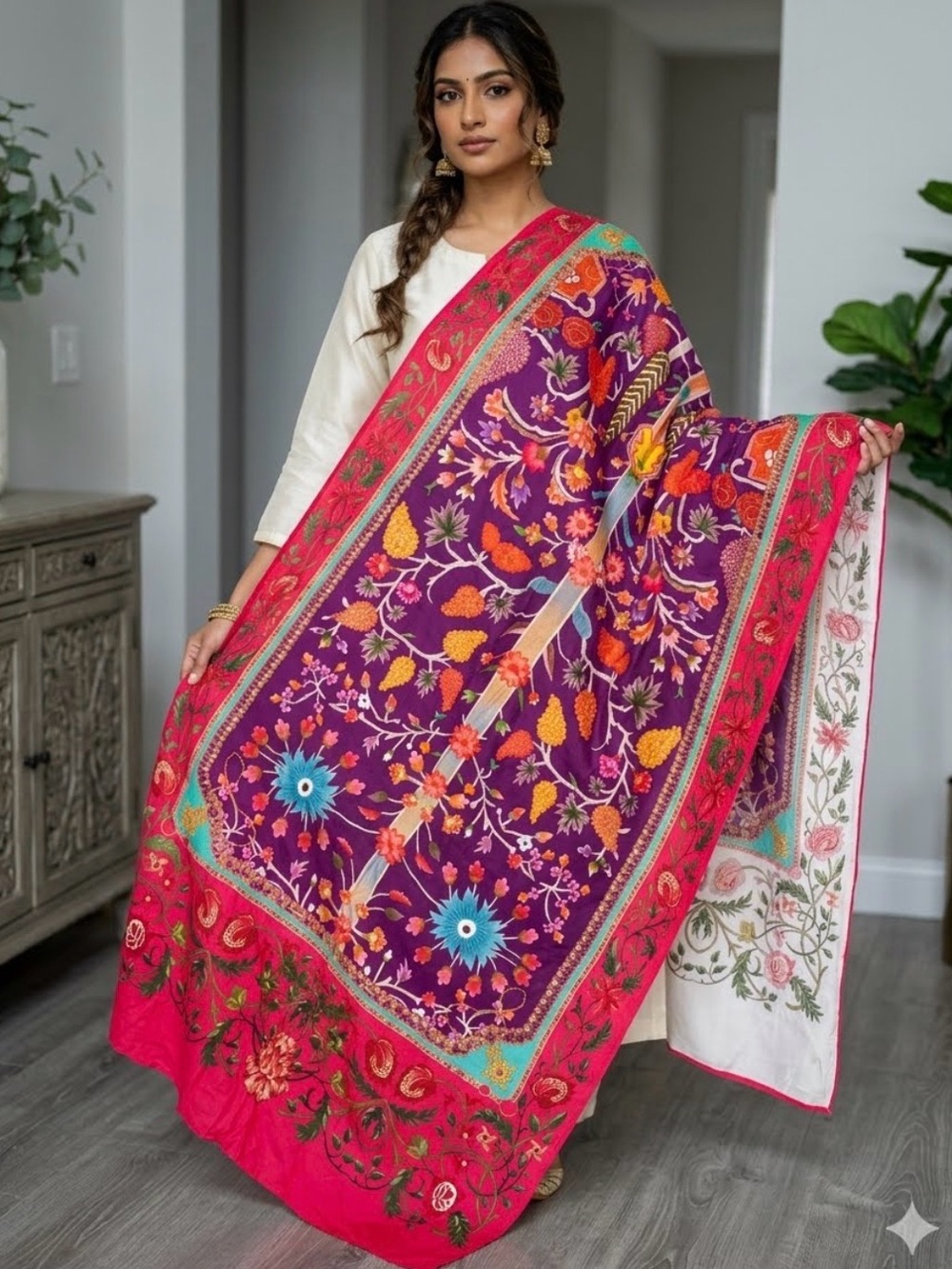 Vibrant Suzani-Style Floral Embroidered Dupatta / Multi-Purpose Table Runner